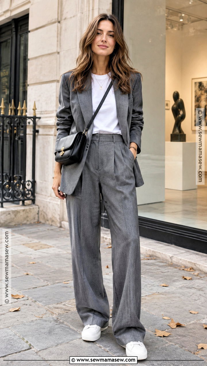 Paris Fall Gray Suit and Sneakers Outfit - 20 outfits for paris fall