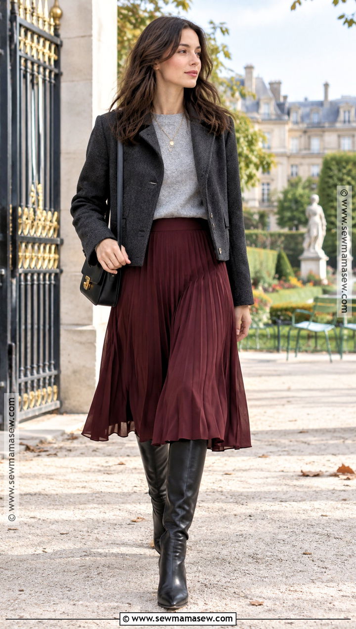 Paris Fall Midi Skirt and Fine Knit Sweater Outfit - 15 Paris Fall Capsule Wardrobe Ideas