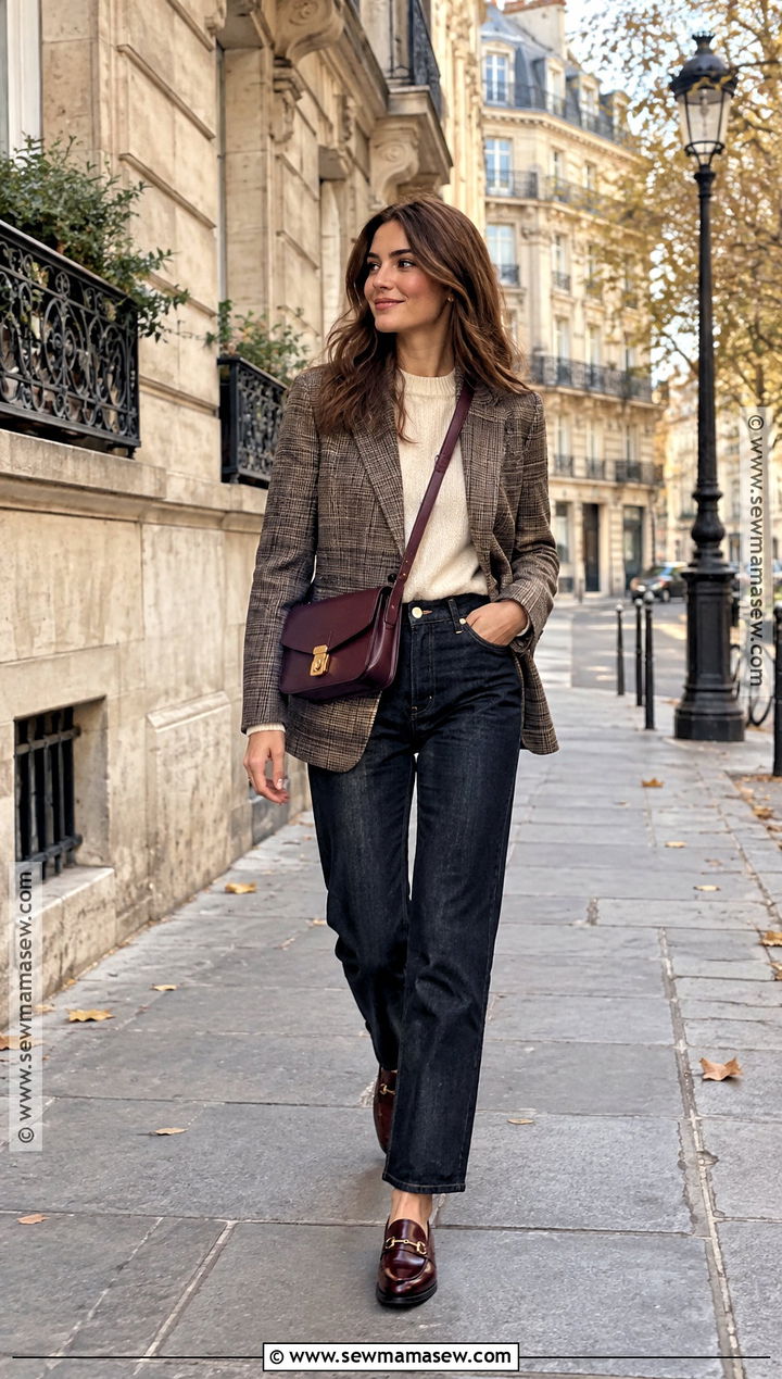 Paris Fall Plaid Blazer And Dark Denim Outfit - 20 fall in paris outfit ideas