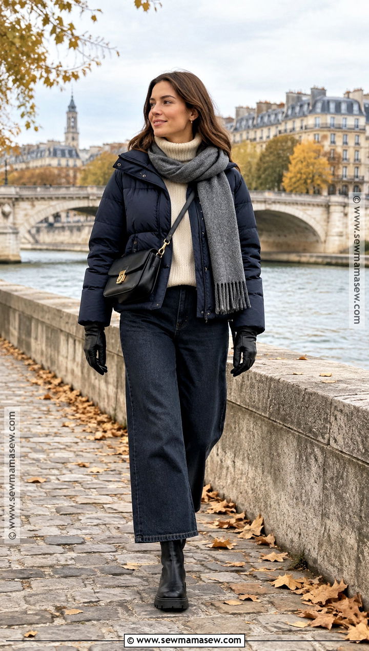 Paris Fall Puffer Jacket And Wide Leg Jeans Outfit - 20 fall in paris outfit ideas
