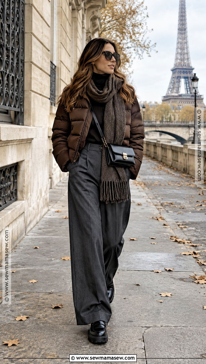 Paris Fall Puffer Jacket and Wide Leg Trousers Outfit - 20 outfits for paris fall