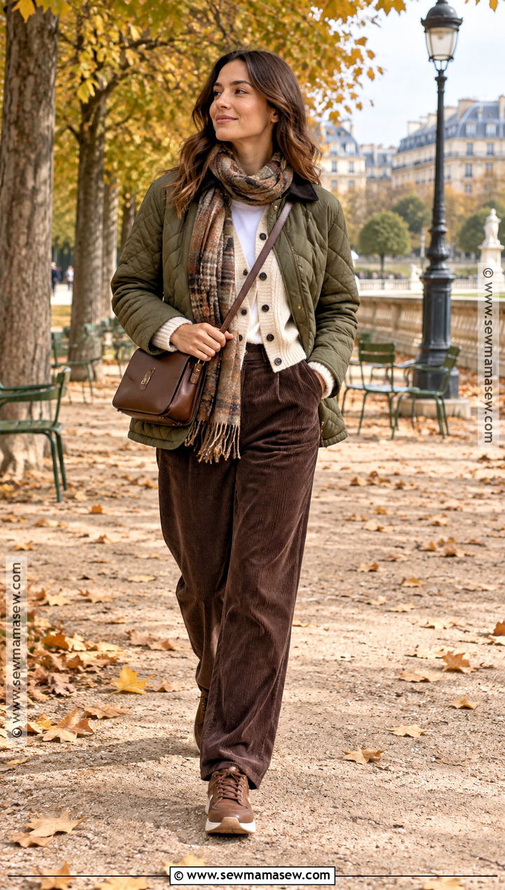 Paris Fall Quilted Jacket and Corduroy Trousers Outfit - 20 paris in the fall outfits