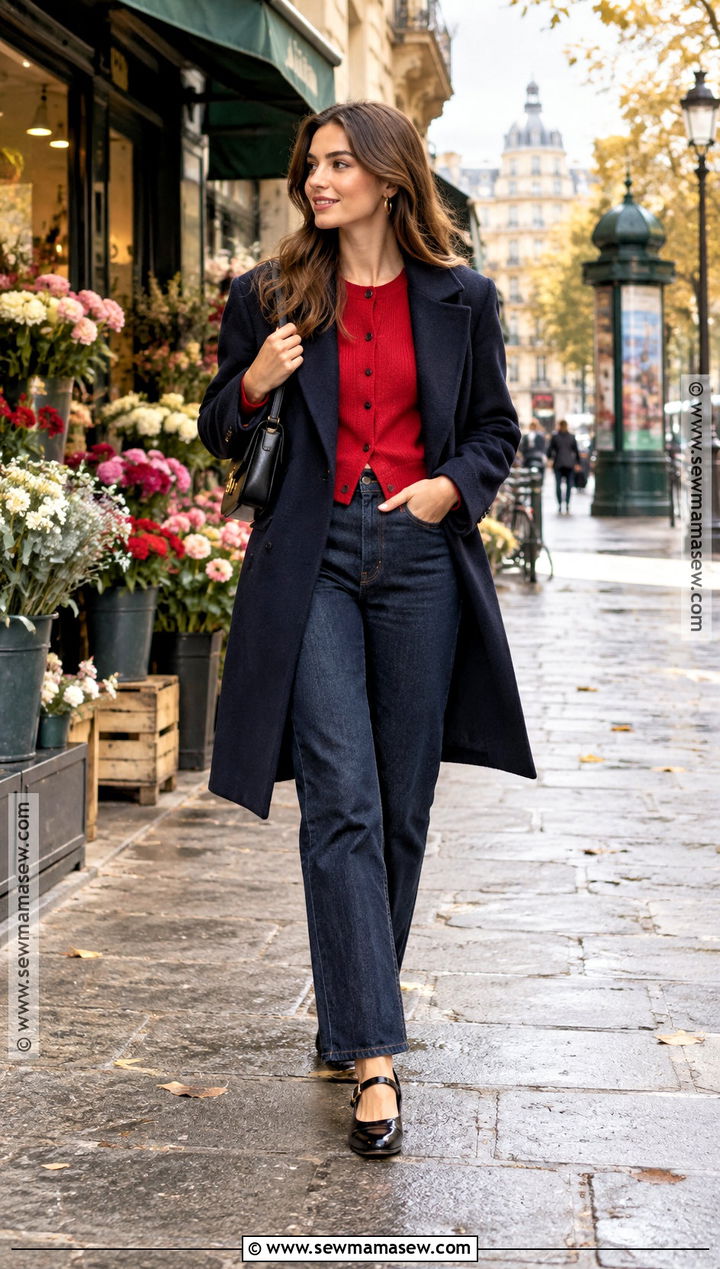 Paris Fall Red Cardigan And Dark Jeans Outfit - 25 Paris Fall Outfits