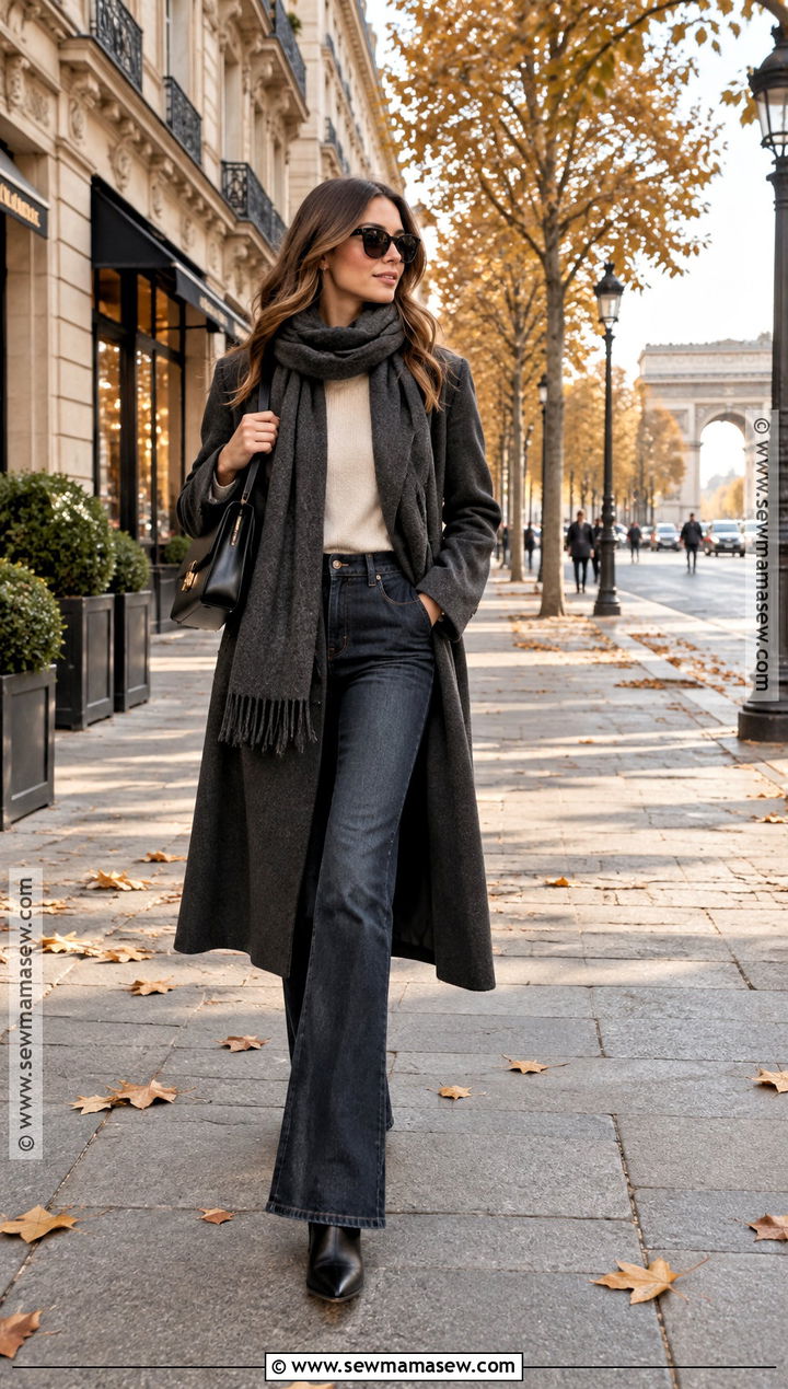 Paris Fall Scarf Coat And Flared Jeans Outfit - 25 Paris Fall Outfits