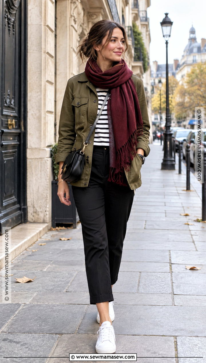 Paris Fall Utility Jacket and Breton Shirt Outfit - 20 paris in the fall outfits