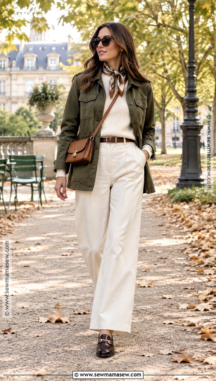 Paris Fall Utility Jacket and Cream Trousers Outfit - 20 outfits for paris fall