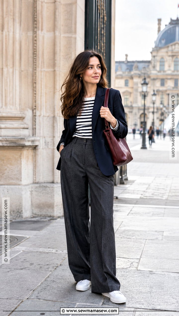 Paris Navy Blazer Outfit With Wide Leg Trousers - 20 Paris In October Outfits for Women