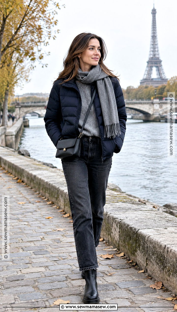 Paris November Puffer Jacket And Dark Jeans Outfit - 20 Paris November Outfit Ideas