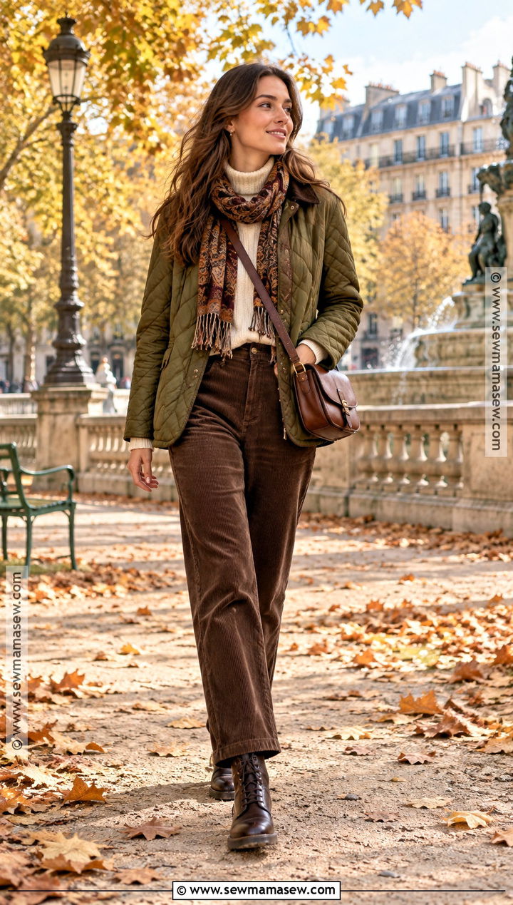 Paris November Quilted Jacket And Corduroy Pants Outfit - 20 Paris November Outfit Ideas