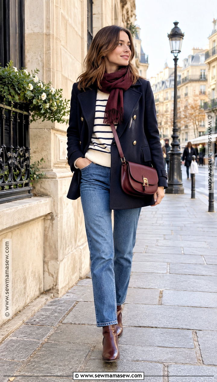 Paris November Striped Sweater And Blue Jeans Outfit - 20 Paris November Outfit Ideas