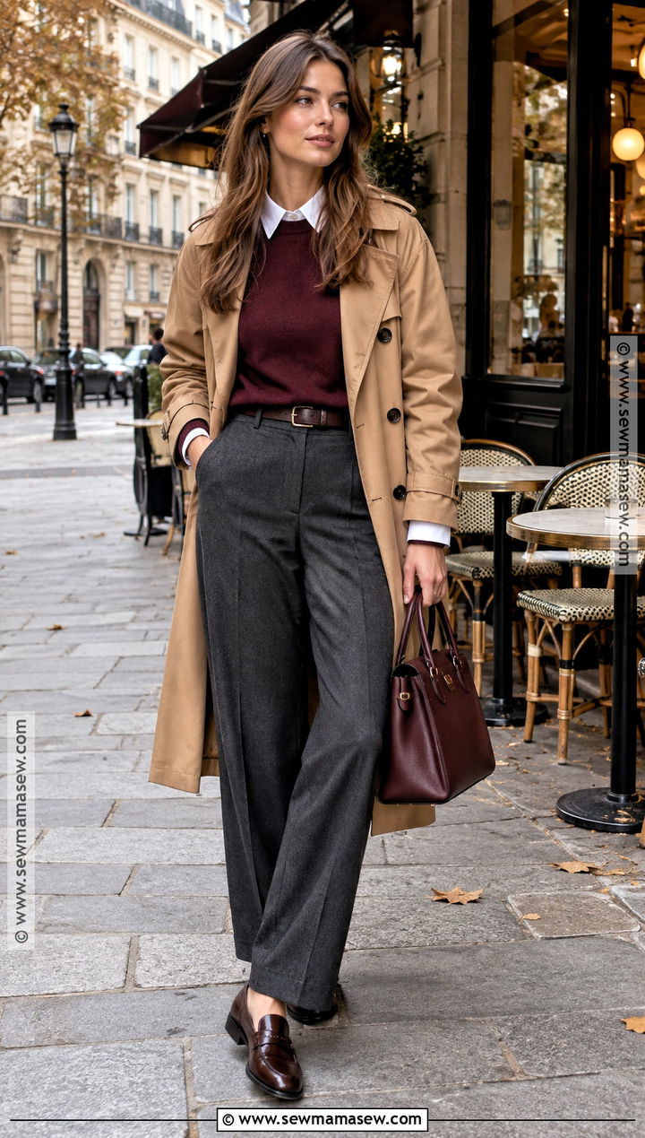 Paris October Burgundy Sweater And Gray Trousers Outfit - 15 paris october fashion ideas