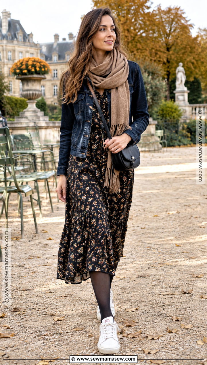 Paris October Denim Jacket And Midi Dress Outfit - 20 paris outfits october