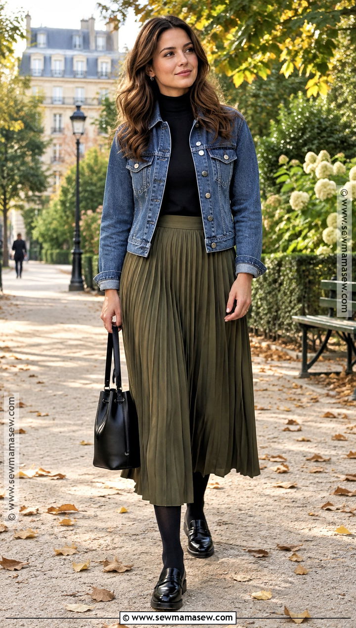 Paris October Denim Jacket And Pleated Skirt Outfit - 25 paris in october outfits