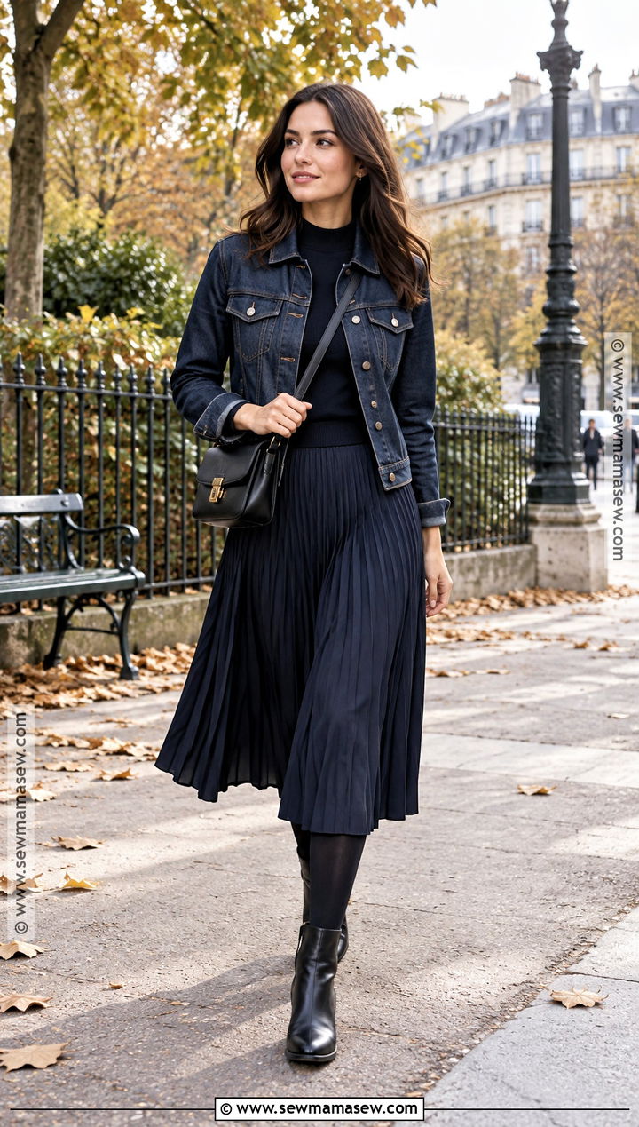 Paris October Denim Jacket And Pleated Skirt Outfit - 20 Paris October Outfit Ideas