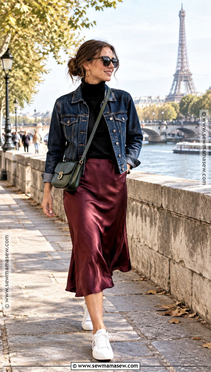 Paris October Denim Jacket And Satin Midi Skirt Outfit - 15 paris october fashion ideas