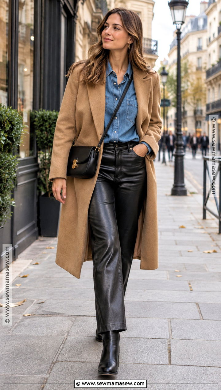 Paris October Denim Shirt And Leather Pants Outfit - 20 Paris October Outfit Ideas