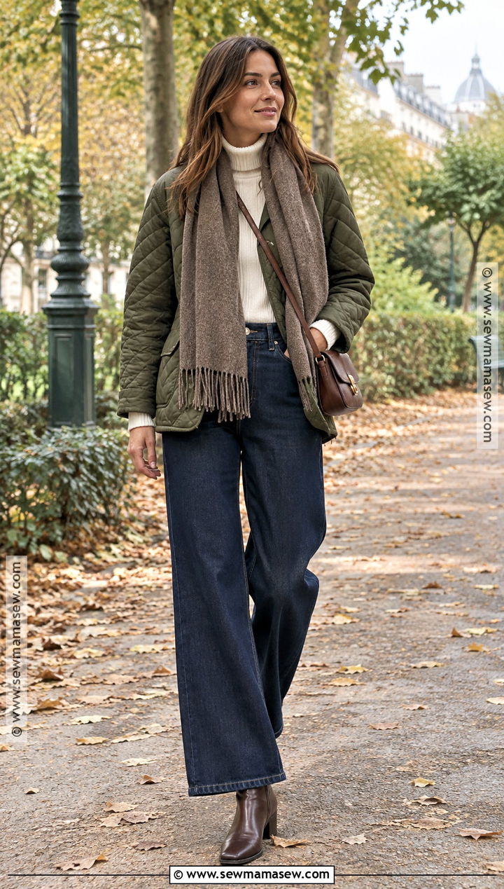 Paris October Quilted Jacket And Wide Leg Jeans Outfit - 25 paris in october outfits