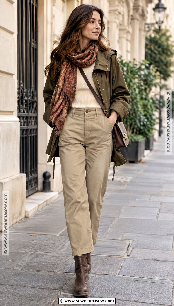 Paris October Utility Jacket And Khaki Trousers Outfit - 20 Paris October Outfit Ideas