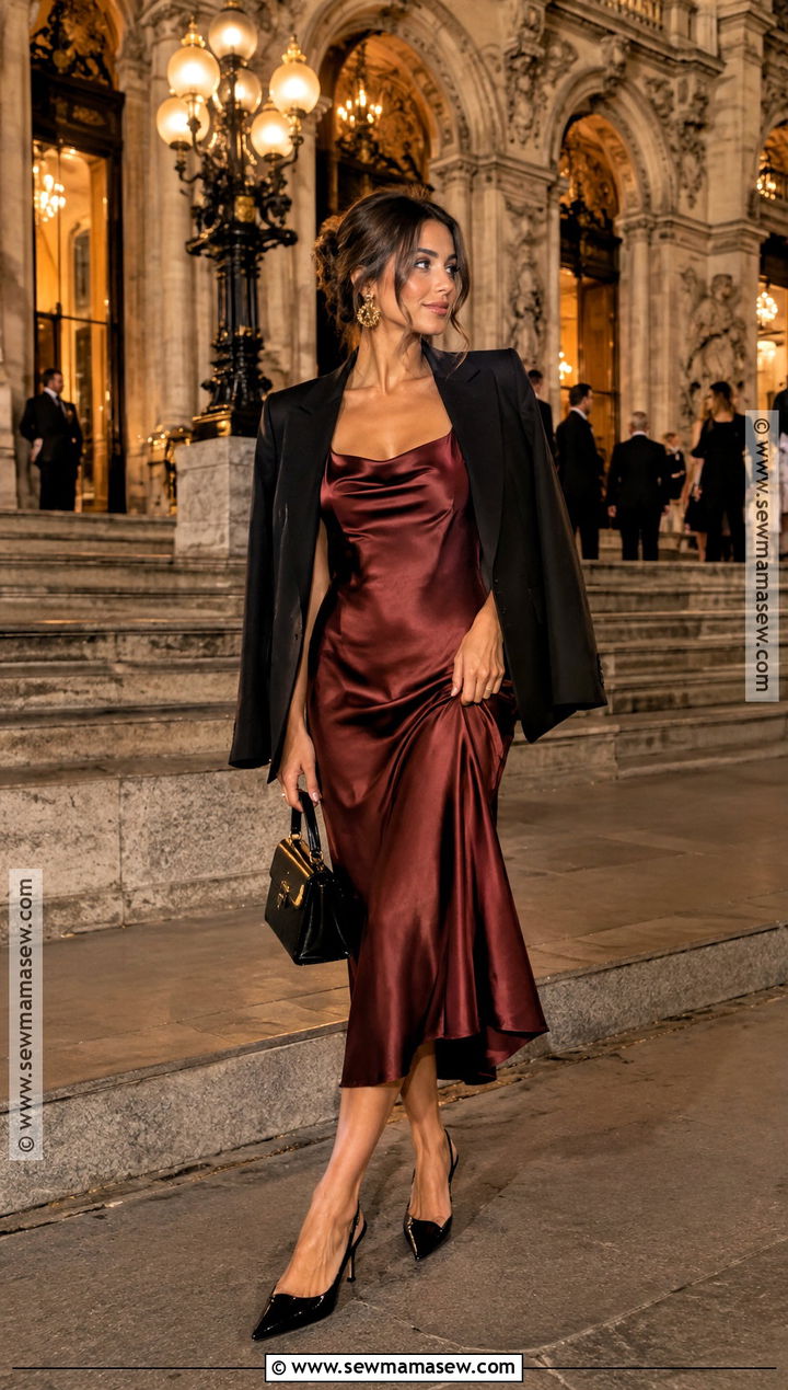 Paris Satin Midi Dress And Blazer Outfit - 25 paris in september outfits