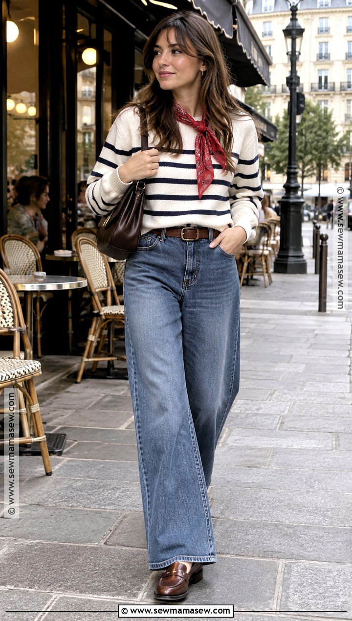 Paris Striped Sweater And Wide Leg Jeans Outfit - 25 paris in september outfits