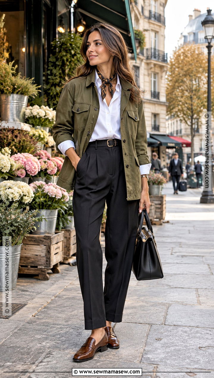 Paris Utility Jacket Outfit With Shirt And Pleated Pants - 15 paris outfits for fall