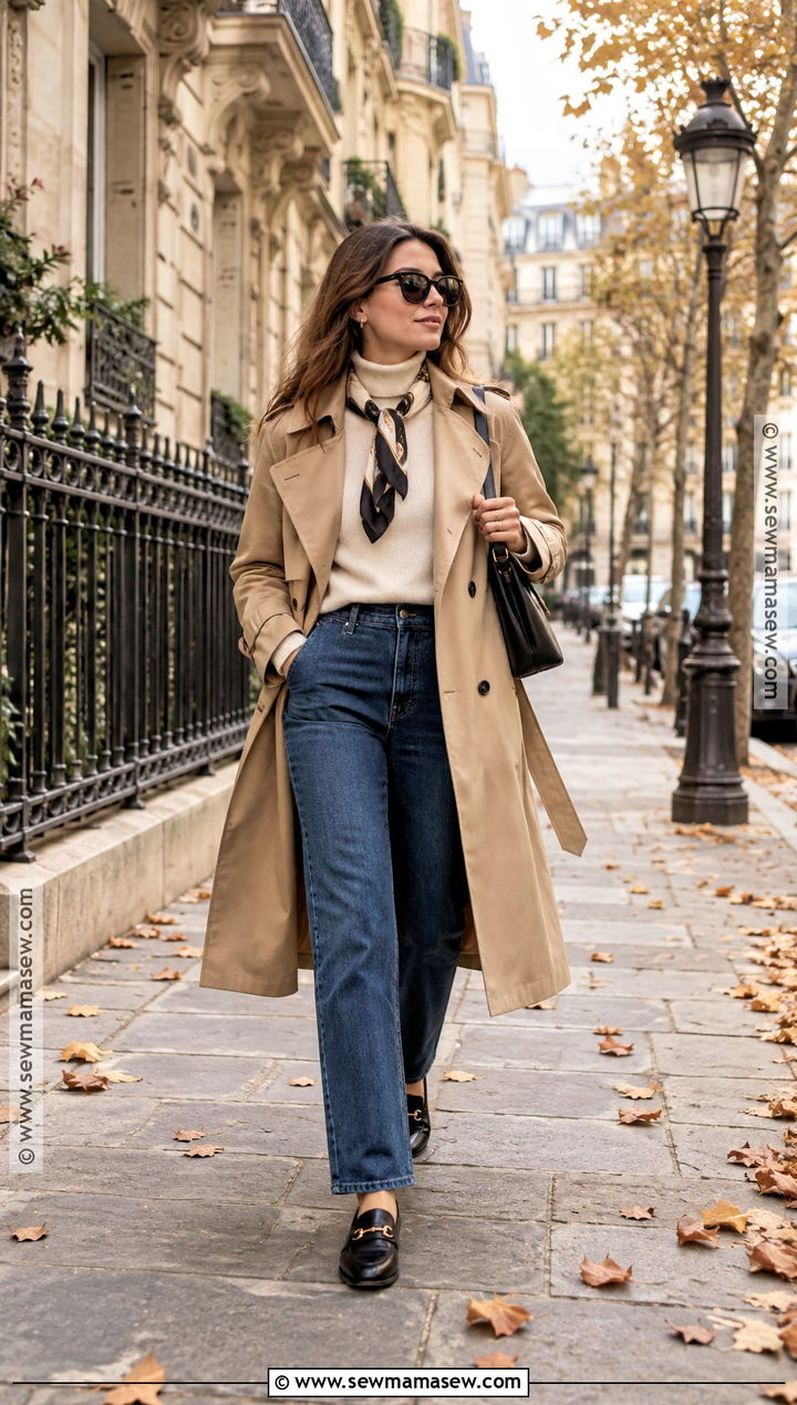 Parisian Fall Trench Coat and Straight Leg Jeans Outfit - 15 fall outfit parisian ideas
