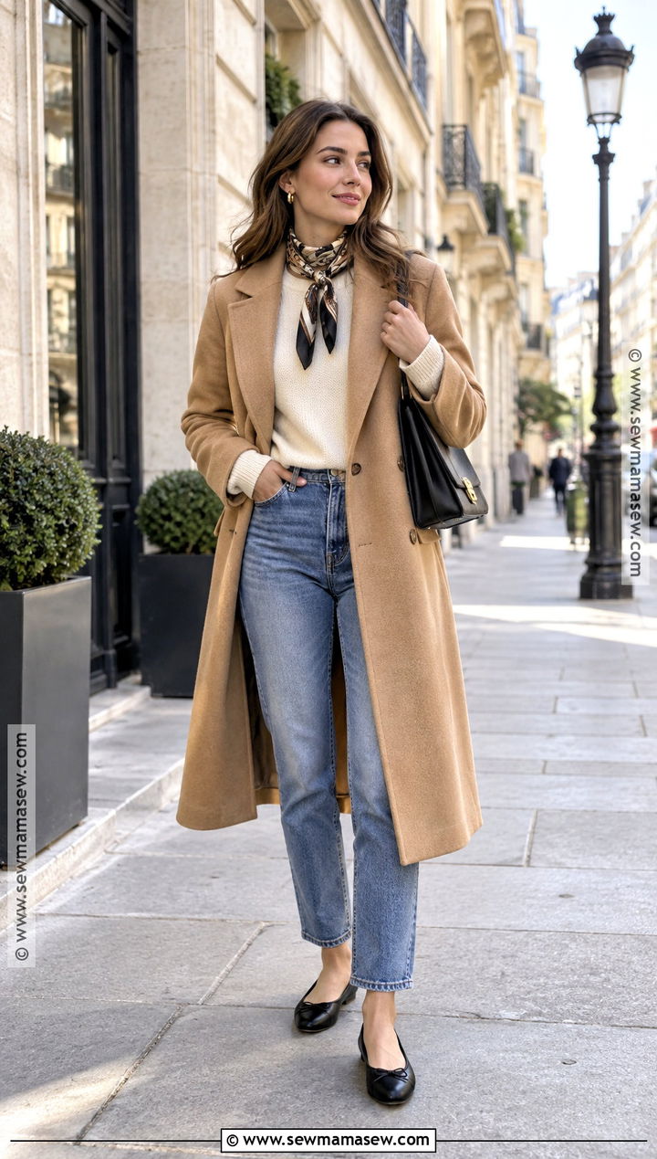 Parisian Scarf Coat And Ballet Flats - 25 parisian fall outfits