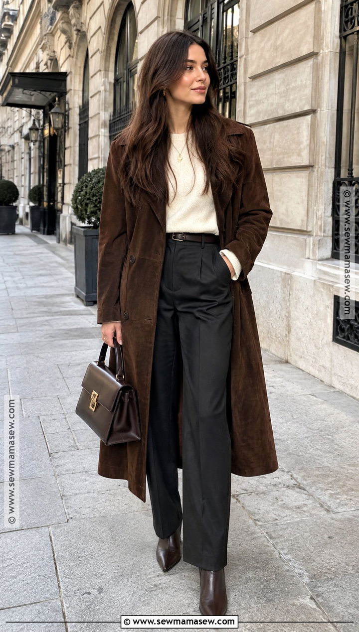 Parisian Suede Coat And Black Trousers - 25 parisian fall outfits