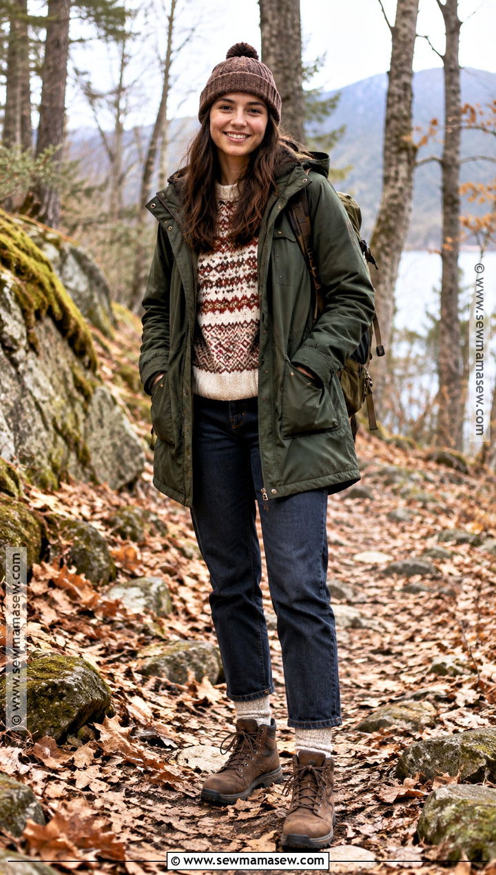 Parka And Fair Isle Sweater Autumn Outdoor Outfit - 20 autumn outdoor outfits