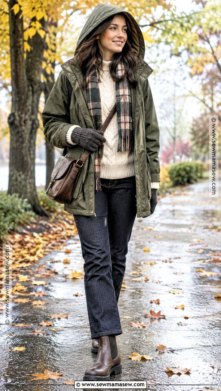Parka Cable Knit Sweater Jeans and Weatherproof Boots - 20 cold fall day outfit ideas