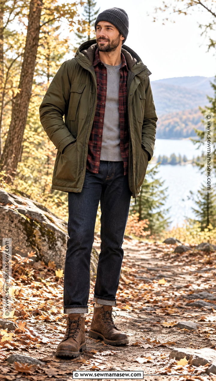 Parka Fall Outfit With Flannel Shirt And Jeans - 15 Fall Looks for Men