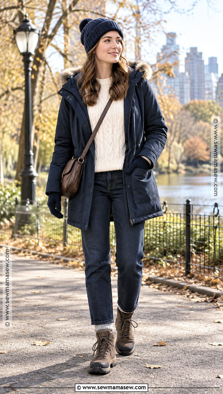 Parka With Cable Knit Sweater And Jeans Outfit - 20 fall to winter outfits