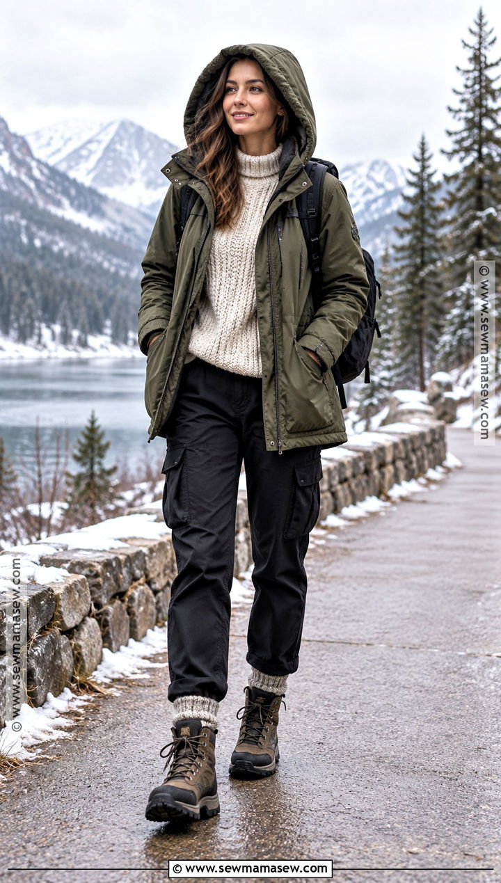 Parka With Chunky Sweater And Cargo Pants Outfit - 25 fall and winter outfits