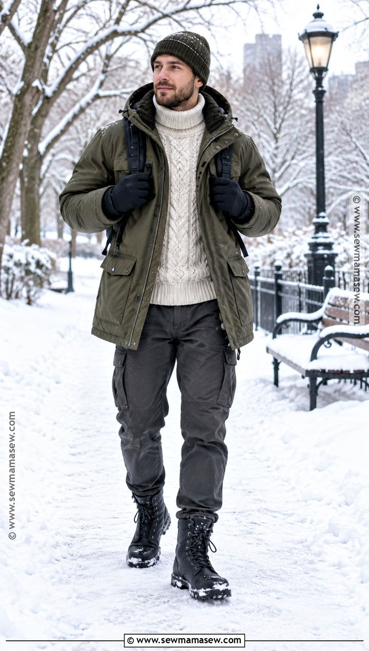 Parka With Fisherman Sweater And Utility Pants - 20 fall winter outfits for men
