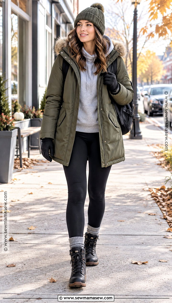 Parka With Hoodie And Fleece Lined Leggings - 20 30 degree weather outfit fall ideas