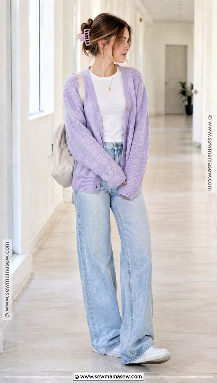 Pastel Cardigan And Wide Leg Jeans Soft Girl School Outfit - 15 aesthetic outfits back to school