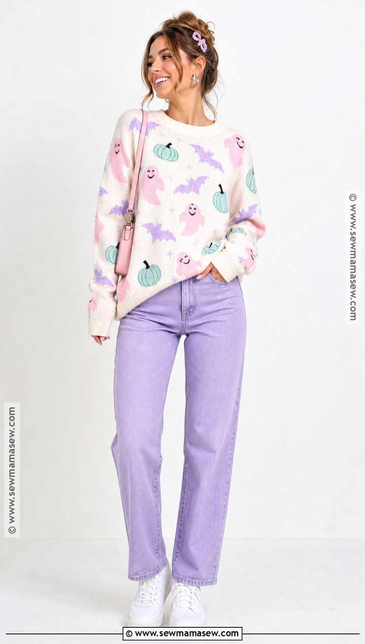Pastel Halloween Sweater With Lavender Jeans - 35 halloween sweater ideas