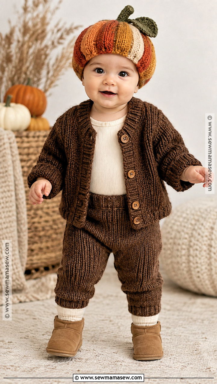 Patchwork Baby Pumpkin Hat With Brown Sweater Set - 20 baby pumpkin hat ideas