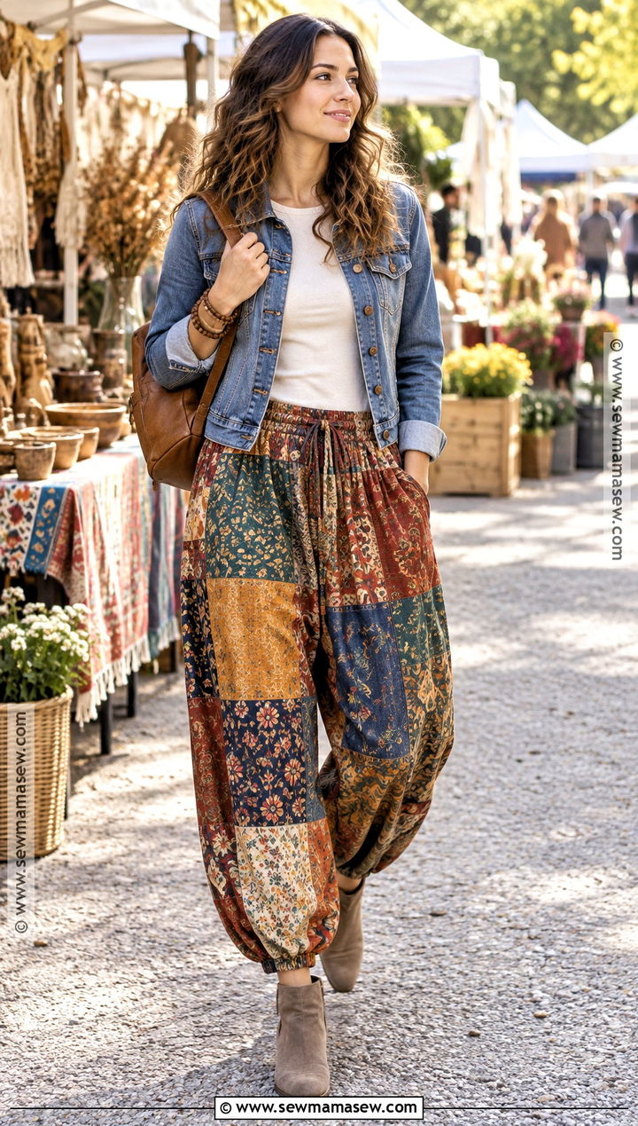 Patchwork Boho Pants With A Denim Jacket - 15 boho pants outfit fall