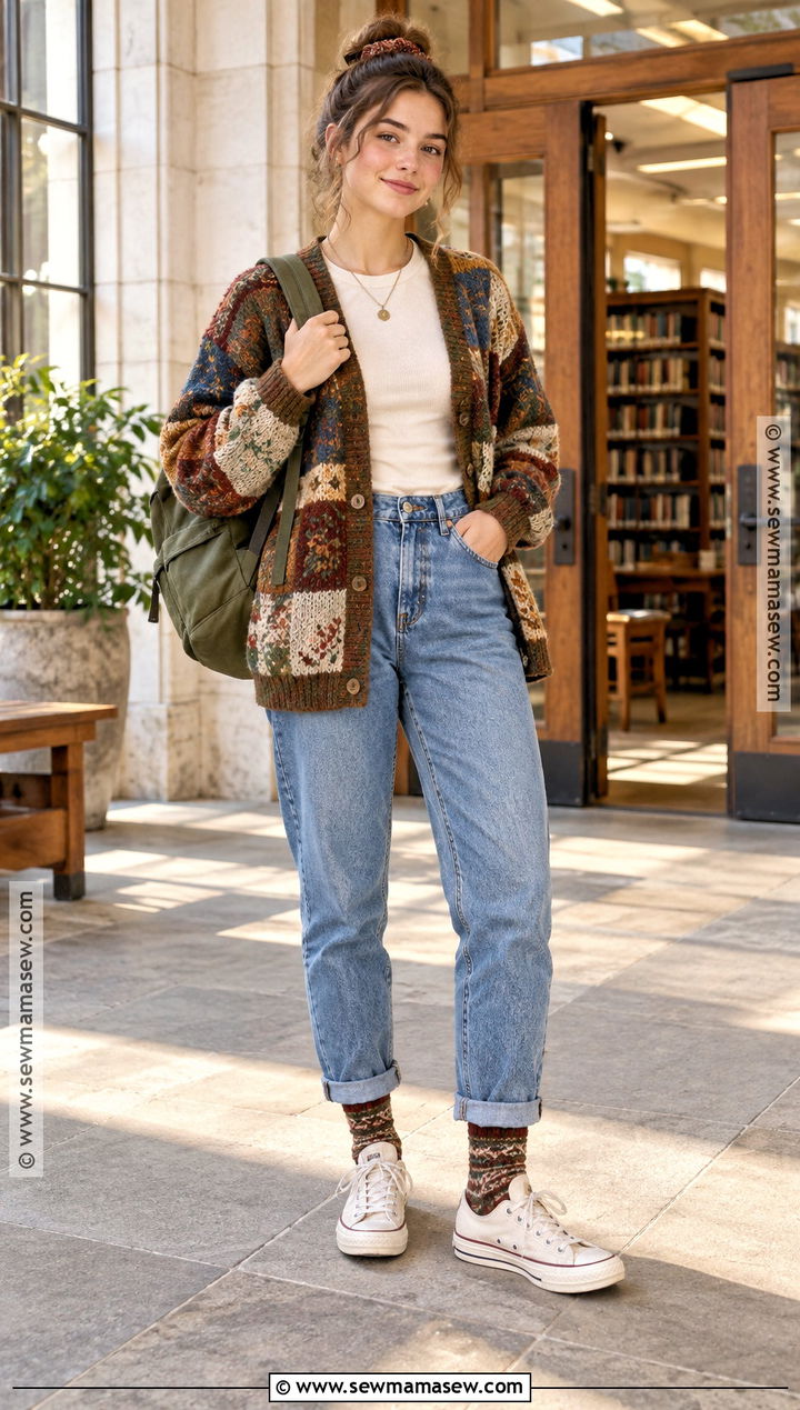 Patchwork Cardigan And Mom Jeans Granola Outfit - 15 Back To School Granola Outfits