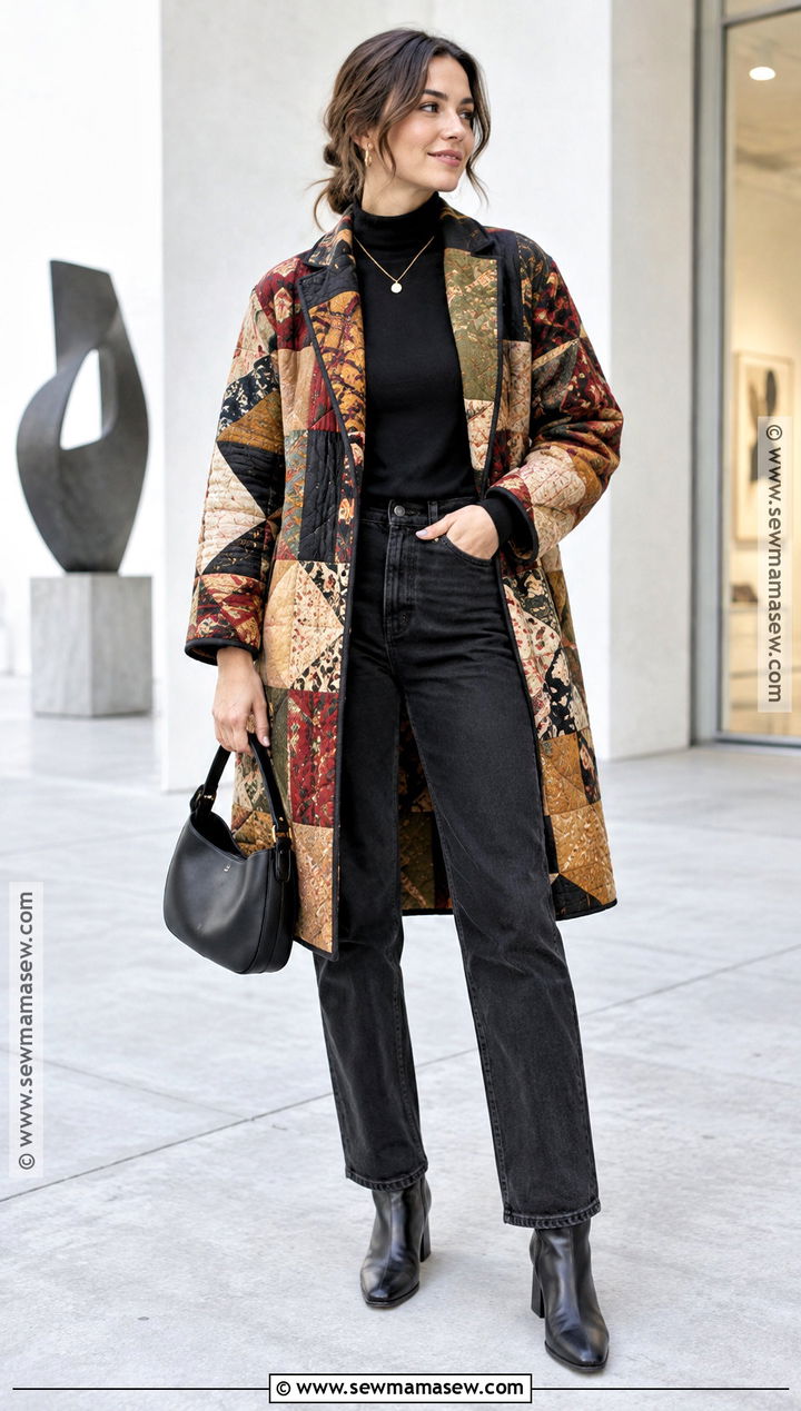 Patchwork Coat And Black Basics Outfit - 30 fall outfits 2026 trends
