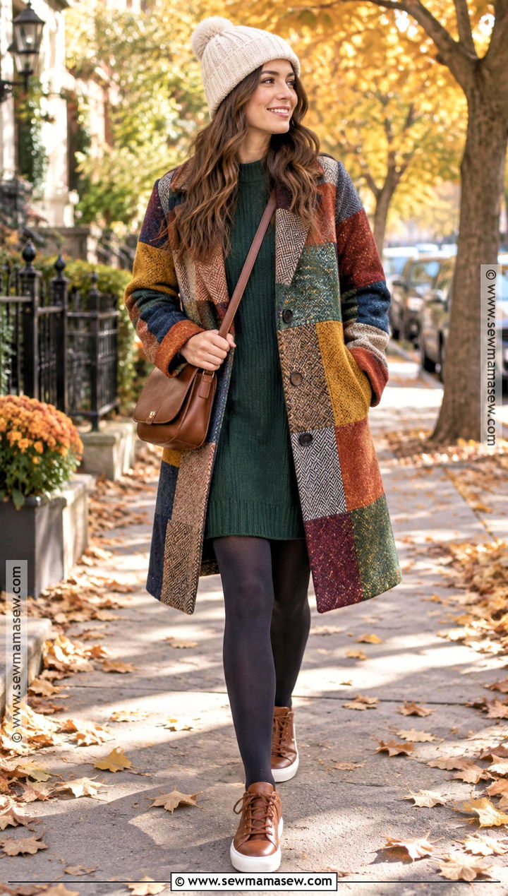 Patchwork Coat With Sweater Dress And Sneakers - 20 Fall Whimsical Outfit Ideas