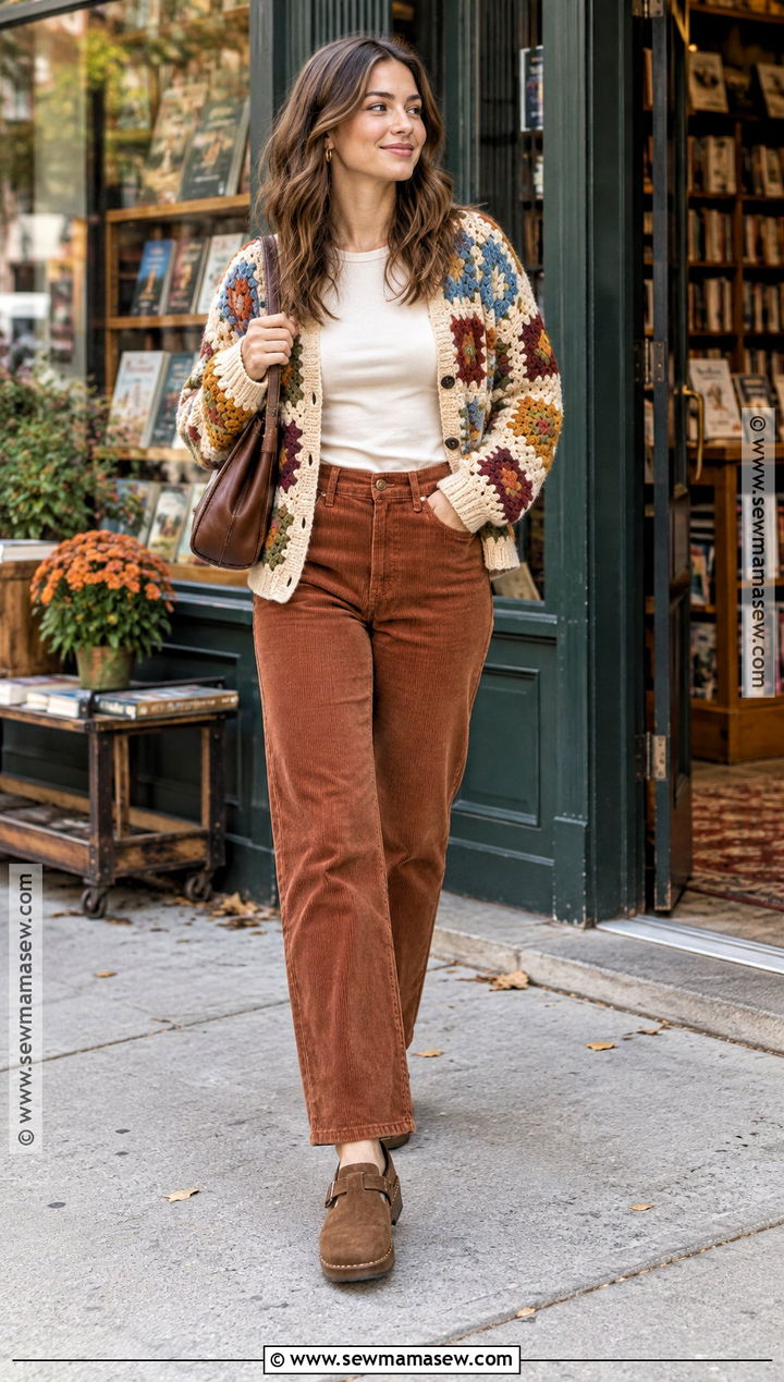 Patchwork Crochet Cardigan With Corduroy Pants - 25 crochet fall clothes