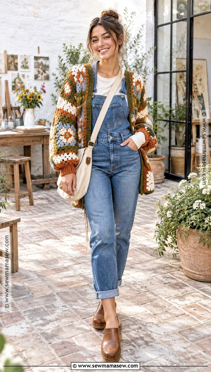 Patchwork Crochet Cardigan With Denim Overalls - 20 fall crochet cardigan ideas