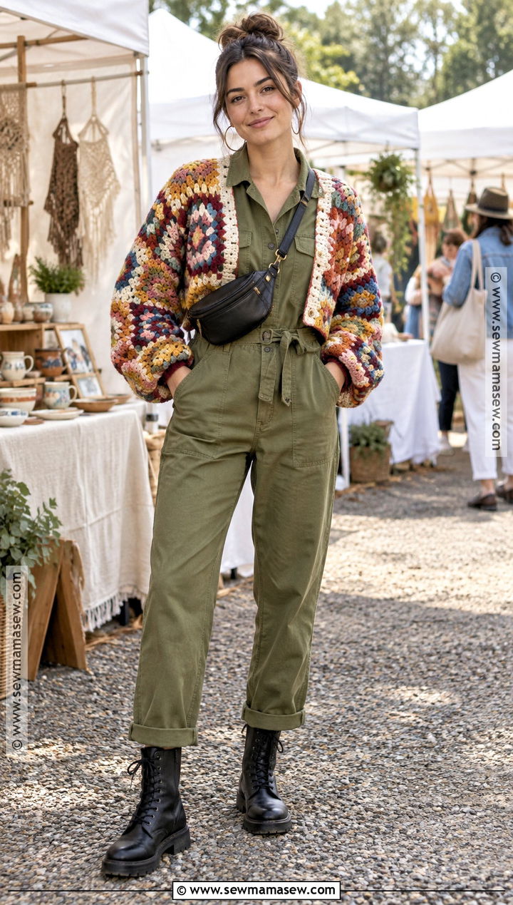 Patchwork Crochet Cardigan With Utility Jumpsuit - 15 Autumn Crochet Cardigan Style Ideas