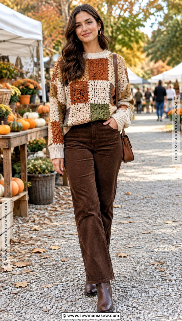 Patchwork Crochet Sweater With Corduroy Pants - 25 fall crochet sweater ideas