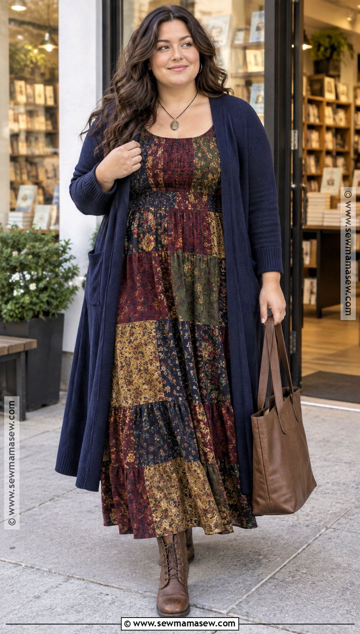 Patchwork Dress With Long Cardigan - 15 Boho Fall Dress Ideas