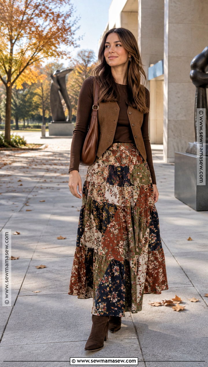 Patchwork Floral Maxi Skirt Outfit - 15 autumn floral skirt design ideas