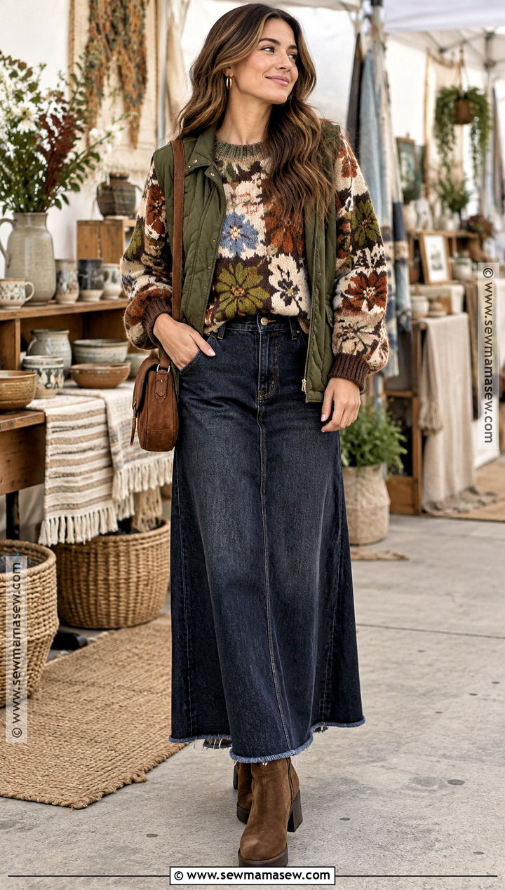 Patchwork Floral Sweater Outfit - 15 autumn floral sweater design ideas