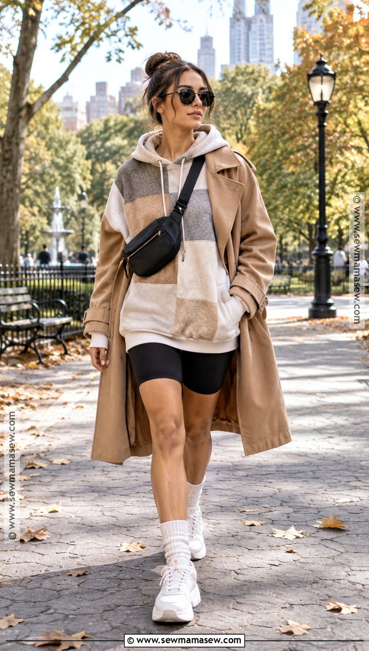 Patchwork Hoodie With Biker Shorts And Trench Coat - 20 Fall Patchwork Hoodie Ideas
